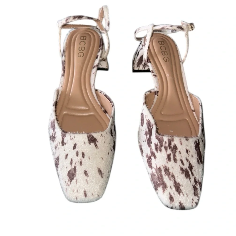 NEW BCBG Dalmatian Print Ankle Strap Heels Cow Print Square Toe Calf Hair